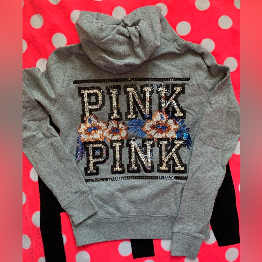 Rare NWT VS PINK BLING Sequins Flowers Gray Zip Hoodie X Small